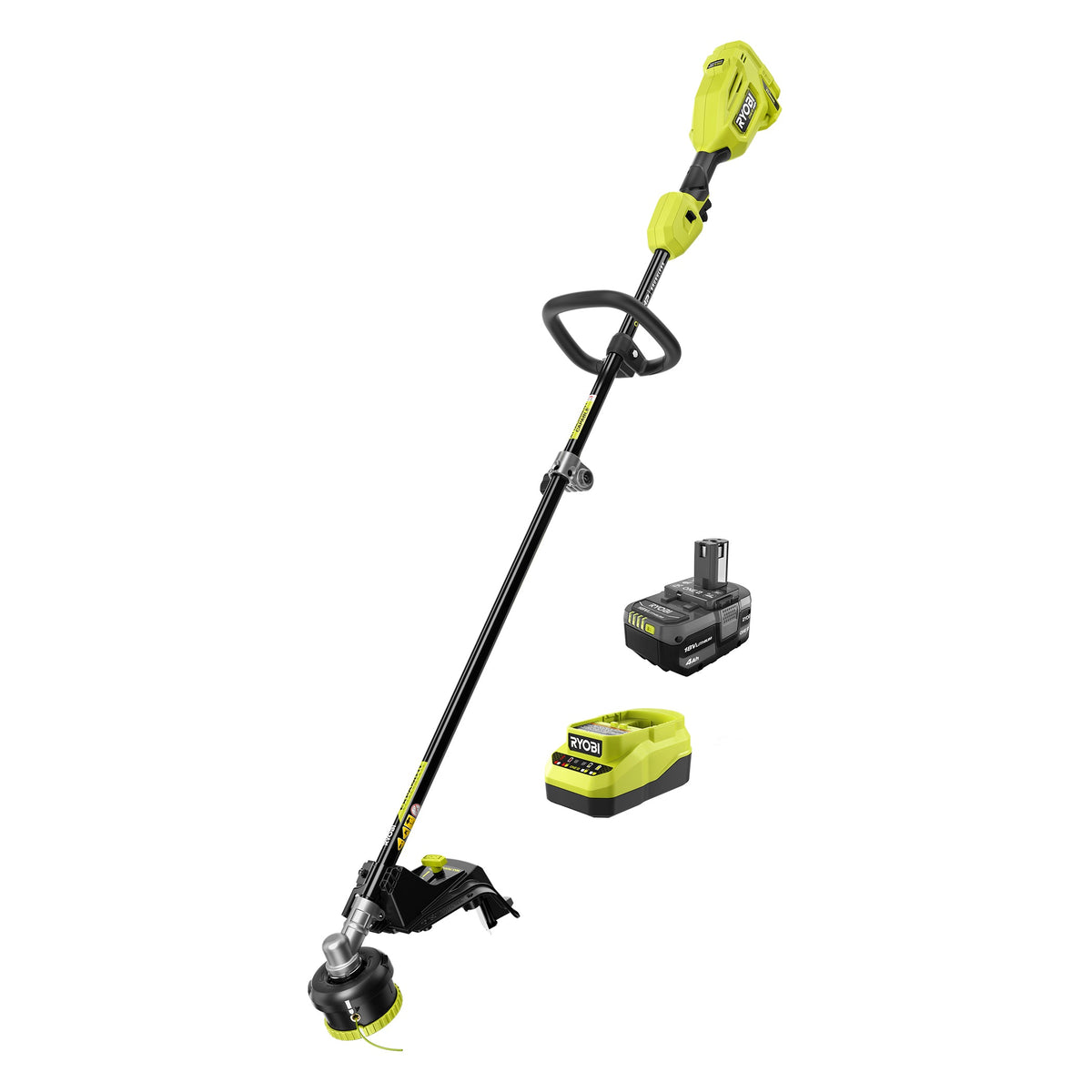 Battery-powered string trimmer with battery and charger on a white background